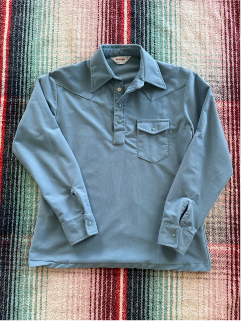 70s Wrangler Blue Pearl Snap Popover Shirt M
